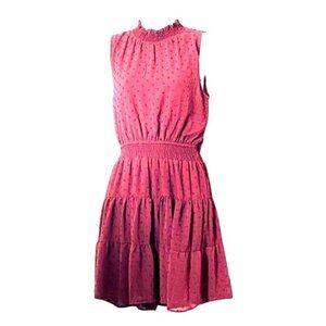 Sweet Wanderer Swiss Dot Sleeveless Mini Dress In Maroon Smocked Waist Ruffled N